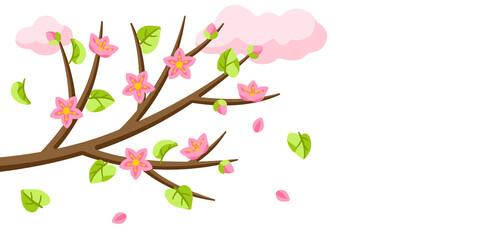 Spring tree branch with flowers and leaves. Seasonal illustration.