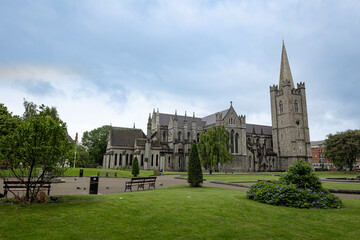 Fototapeta na wymiar Grounds of St Patrick's Cathedral in downtown Dublin, Ireland during overcast day