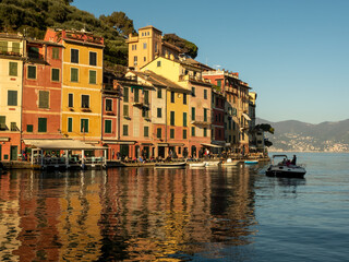 Portofino 02-22-2020. view of the bay of Portofino at sunset, with the characteristic colored...