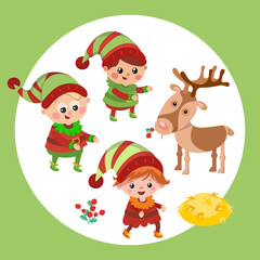 Obraz na płótnie Canvas Cute elves and reindeer in Christmas. Cartoon style characters on isolated background. Set of pictures for design of posters, games, books, puzzles. Vector hand drawn illustration.