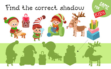 Obraz na płótnie Canvas Cute elves and Christmas items. Find the correct shadow. Game for children. Activity, color vector illustration. Characters in cartoon style.