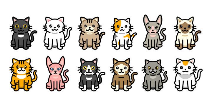 Cat Breeds Cartoon Vector Collection. Different Type Of Vector Cartoon Cats Set Illustration Design. Multiple Feline Animal Cartoon Sticker Collection