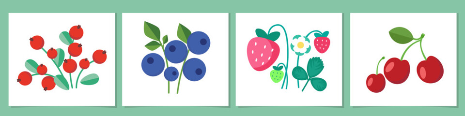 Berries icons set. Cherry, blueberry, strawberry, cowberry with leaves in a flat style. Berry product for cooking in the kitchen. Vector illustration. Icon for menu, book design.