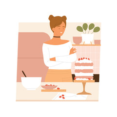 Girl in the kitchen decorating the cake with fresh strawberries. Sweet, modern cake aesthetic. Woman cooking organic dessert. Vector illustration in cartoon style. Isolated white background.