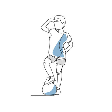 Vector illustration of boy playing football drawn in line-art style