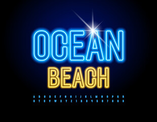 Vector glowing logo Ocean Beach. Blue Neon Font. Bright Illuminated Alphabet Letters and Numbers set