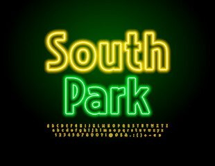 Fototapeta na wymiar Vector electric sign South Park. Yellow Neon Font. Bright glowing Alphabet Letters, Numbers and Symbols set