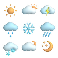 3d vector weather icons isolated on white background. Realistic vector clouds. 3D meteo symbols set. Eps10 vector