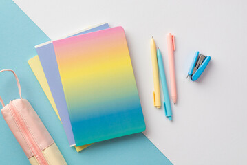 Back to school concept. Top view photo of school supplies gradient color copybook pens mini stapler...