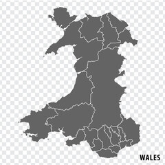 Blank map of Wales. High quality map with regions of Wales on transparent background for your web site design, app, UI.  United Kingdom. EPS10.