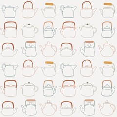 Seamless pattern of line with teapots and kettles . Kitchen ceramic and glass tea kettle in the style of the 60s on a light background, cute crockery for warm cozy household. Hot drinks utensil.