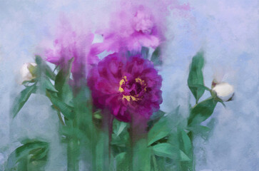 Bouquet of peonies in blue tones oil painting. Digital art in the style of modern impressionism.