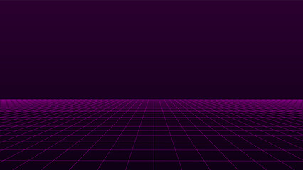 Perspective pink grid on a dark background. Futuristic vector illustration. Background in the style of the 80s.