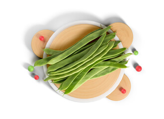 Top view of fresh tender beans on a background of wooden geometric shapes