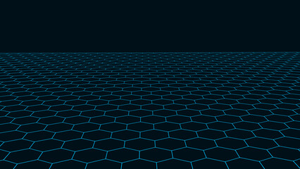 Perspective hexagonal blue grid on a dark background. Futuristic vector illustration. Background in the style of the 80s.