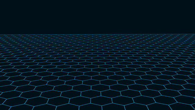 Perspective hexagonal blue grid on a dark background. Futuristic vector illustration. Background in the style of the 80s.