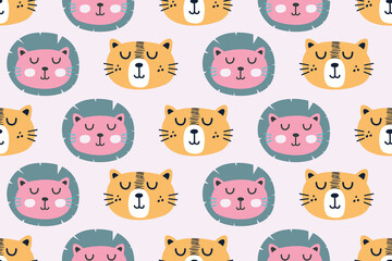 Cute Lion Seamless Pattern Background Stock Vector. Seamless Pattern Scandinavian Style