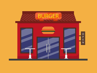 Flat style burger building with tables.