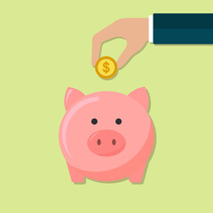 Flat style vector illustration of a hand throwing money into a buy a pink pig on a flat background with a shadow, for banking economy design save coins finance.