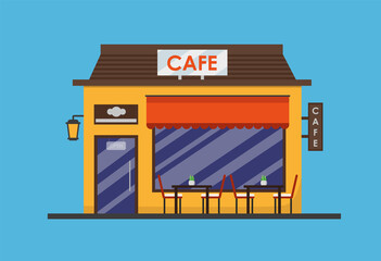 Cafe building in flat style with tables.
