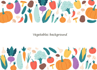 Fototapeta premium Vegetables, mushrooms and beans background. Natural organic nutrition. Healthy food, dietetics products, fresh vitamin grocery products. Vector illustration in flat style