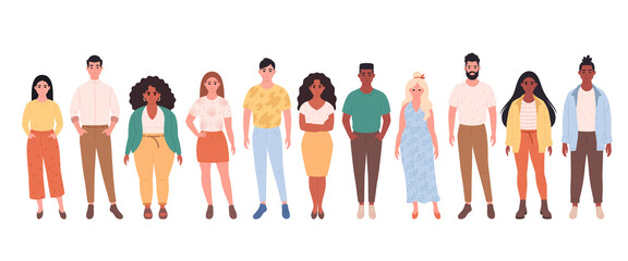 Crowd of different people of different races, body types. Social diversity of people in modern society. Hand drawn vector illustration