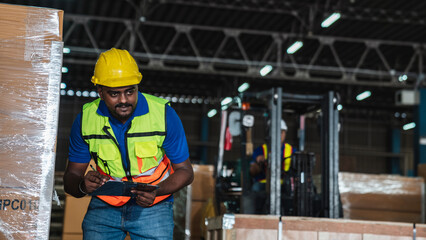 Warehouse worker checking details work on a tablet in the background warehouse., Industrial and industrial concept.