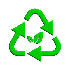 Fototapeta premium Green 3D arrows recycle with green leaves, eco symbol vector illustration isolated on white background.