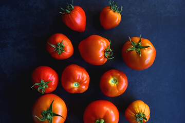 Fresh organic tomatoes, picked from the garden, on dark background. Flat lay.