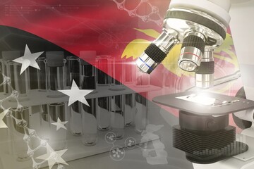 Papua New Guinea science development digital background - microscope on flag. Research of pharmacy design concept, 3D illustration of object