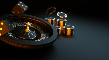 Casino roulette, chips and dice. Vegas casino game. Probability of luck in gambling. Online casino. 3d rendering.