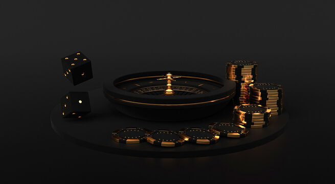Casino roulette, chips and dice. Vegas casino game. Probability of luck in gambling. Online casino. 3d rendering.