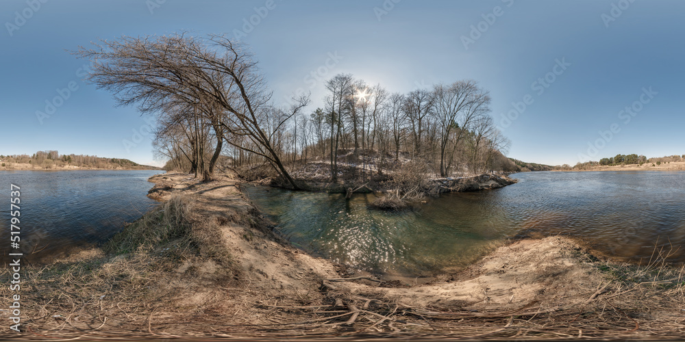 Wall mural full spherical 360 hdri panorama view on edge of winter forest near wide river in equirectangular pr
