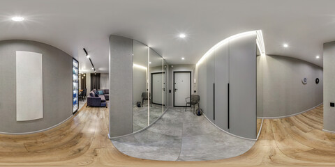 360 hdri panorama in gray corridor in interior of entrance hall of modern apartments with mirror in...