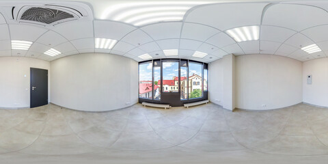 full seamless spherical hdri 360 panorama in interior of empty white room with repair for office or...
