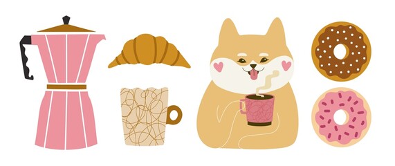 Vector illustration with geyser coffee maker, coffee cup with doodle print, donuts, croissant, shiba inu drinking tea, coffee or hot chocolate from pink mug. Morning breakfsast set, cafe menu design