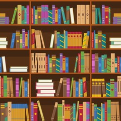 Books on shelves seamless pattern. Bookcase or bookshelves library or bookstore background. Education and knowledge, studying and learning. Vector illustration © photoplotnikov
