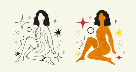 Vector illustration set with woman, abstract lines, stars and dots. Female trendy apparel print design, home decoration poster