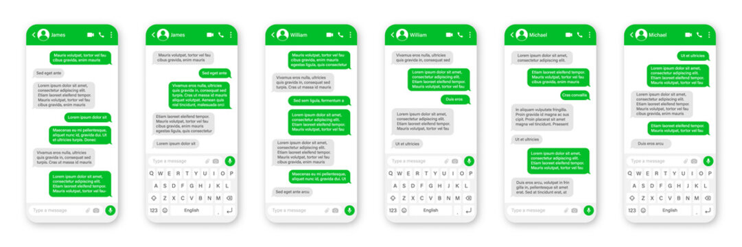 Messaging app design, user interface. SMS text frame. Conversation chat screen with green message bubbles and placeholder text. Social media application. Vector illustration.