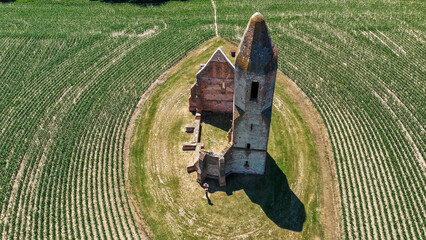 aerial view church ruin in the field