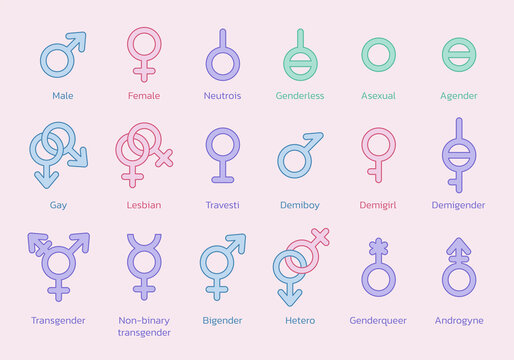 Gender symbol collection. Sexual orientation signs. Male, female, gay, lesbian, transgender and more. Vector illustration.