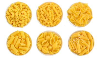Raw italian pasta in ceramic bowl isolated on white background. Top view. Flat lay. Set or...