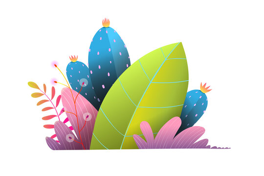 Imaginary magic plants abstract composition isolated clipart. Fantasy leaves and flowers composition, illustrated in bright colors for children fairy tale. Vector clipart.