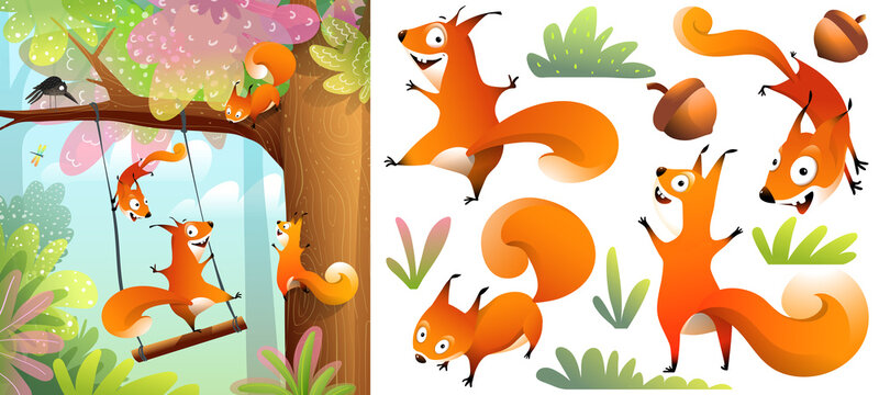 Funny naughty squirrels collection, clip art and background illustration with squirrels swinging on a swing in the forest. Happy hilarious kids animals cartoon. Vector graphics for children.