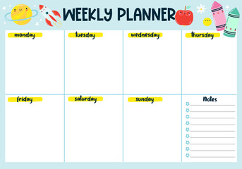 Back to school cute kawaii weekly or daily planner, note paper, to do list, stickers templates decorated by cute kids - obrazy, fototapety, plakaty