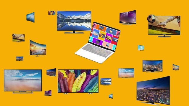 Multiproducts in laptop  4k 60 fps animation. Use for e-commerce, shopping and digital ads campaings. 
E-commerce products that revolve around the laptop. Tv, monitor, display, led, lcd, ips, Qled