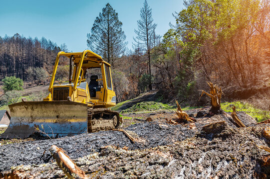 Sidet view of a yellow bulldozer on a plot of land. A bulldozer clears the area. Forest slopes background.