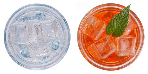 Set of refreshing soft drinks and cocktails with ice in glasses, top view on a white background