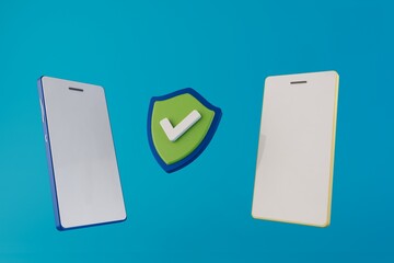 icons of two white mobile phones on a blue background in the middle of which is an antivirus icon. virus protection. green shield with a white check mark. 3d illustration. 3d render