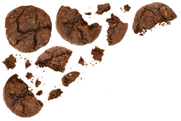 chocolate cookies broken isolated on white background with full depth of field. Top view with copy space for your text. Flat lay